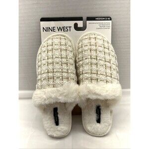 Nine West Womens Scuff Slippers Cream/Gold Thread Faux Fur Memory Foam Sz M NEW